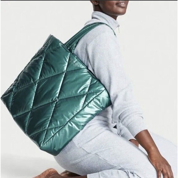 Victoria's Secret Handbags - Victoria's Secret Large Tote Bag 14x15" Puffer Quilted Metallic TEAL GREEN EUC